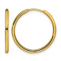 A pair of polished gold hoop earrings shown from the front and side view, displaying their smooth curved tubing and hinged closure.
