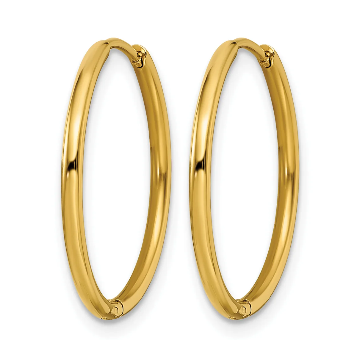 A pair of polished gold hoop earrings with a smooth, rounded oval shape and small hinged closures at the top.