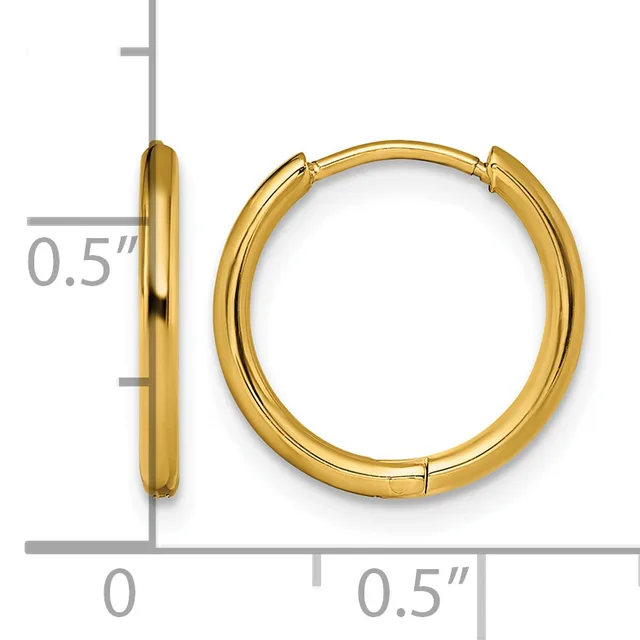 A pair of polished yellow gold hoop earrings with a hinged clasp closure, shown front and side view with measurement scale indicating 0.5 inch diameter.