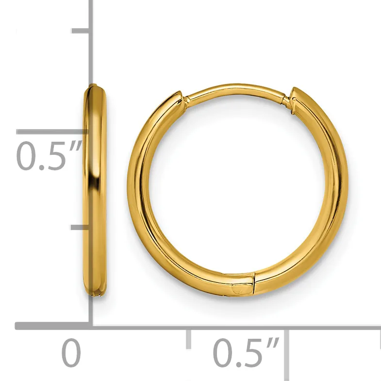 A pair of polished yellow gold hoop earrings with a hinged clasp closure, shown front and side view with measurement scale indicating 0.5 inch diameter.