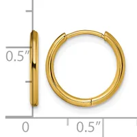 A pair of polished yellow gold hoop earrings with a hinged clasp closure, shown front and side view with measurement scale indicating 0.5 inch diameter.