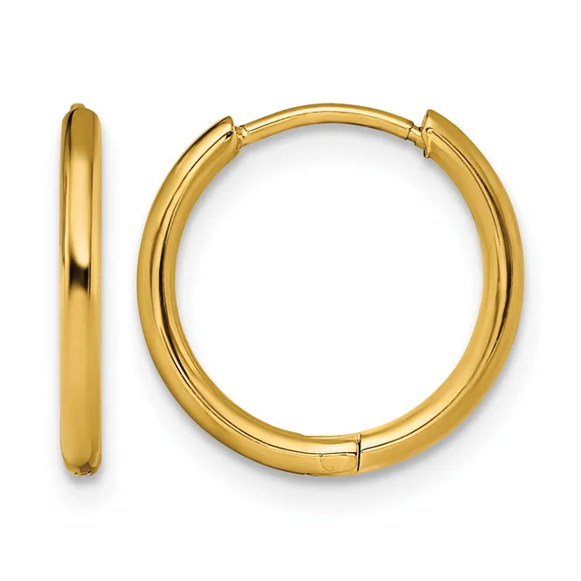 A pair of polished gold-tone chunky hoop earrings displayed against a white background, shown from the front and side views.