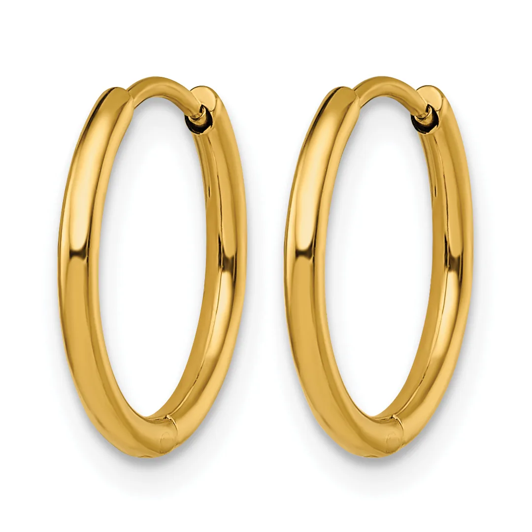 A pair of polished gold hoop earrings with a smooth, rounded tubular design and hinged closures, shown against a white background.