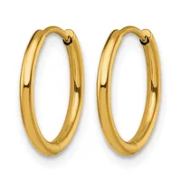 A pair of polished gold hoop earrings with a smooth, rounded tubular design and hinged closures, shown against a white background.
