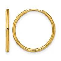 A pair of polished gold-colored hoop earrings with hinged closures, shown from the front and side.