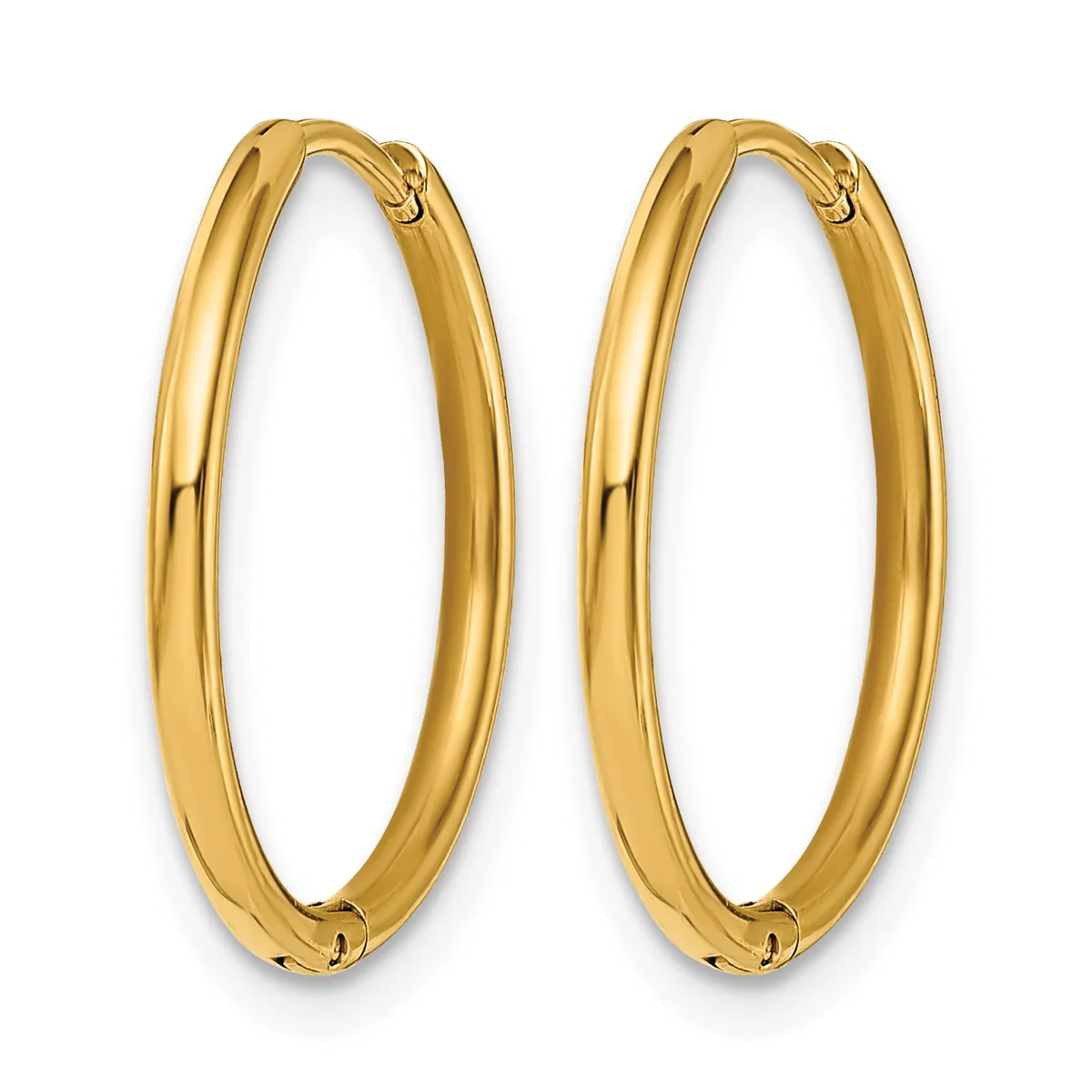 A pair of polished gold oval hoop earrings with hinged closures, displayed side by side against a white background.