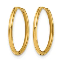 A pair of polished gold oval hoop earrings with hinged closures, displayed side by side against a white background.