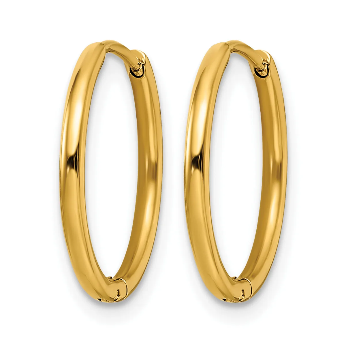 A pair of polished gold oval hoop earrings with a smooth, rounded profile and hinged closures, shown against a white background.