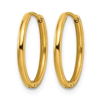 A pair of polished gold oval hoop earrings with a smooth, rounded profile and hinged closures, shown against a white background.