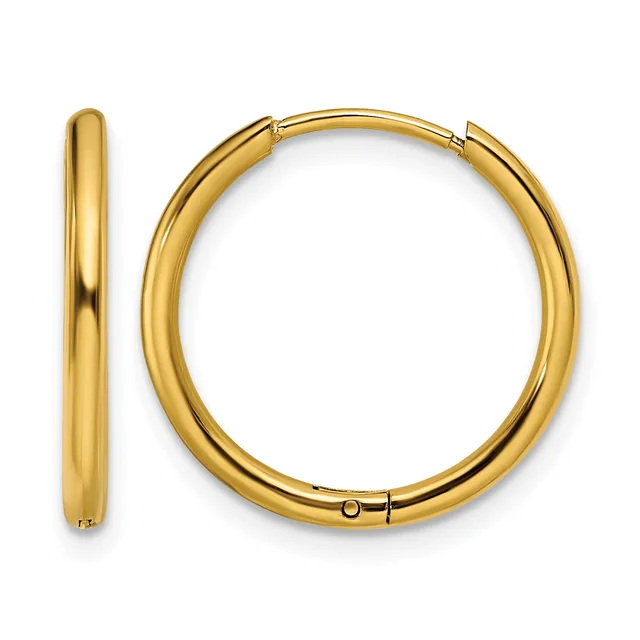 A pair of polished gold-colored hoop earrings shown from the front and side, displaying their smooth rounded tubular design and hinged closure mechanism.