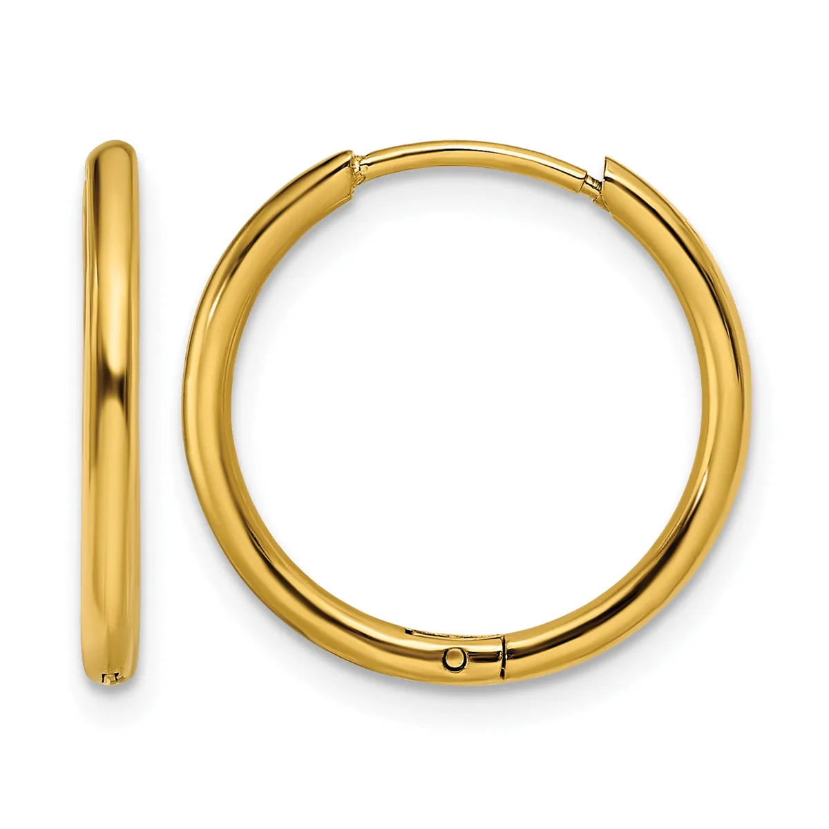 A pair of polished gold-colored hoop earrings shown from the front and side, displaying their smooth rounded tubular design and hinged closure mechanism.