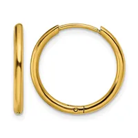 A pair of polished gold-colored hoop earrings shown from the front and side, displaying their smooth rounded tubular design and hinged closure mechanism.
