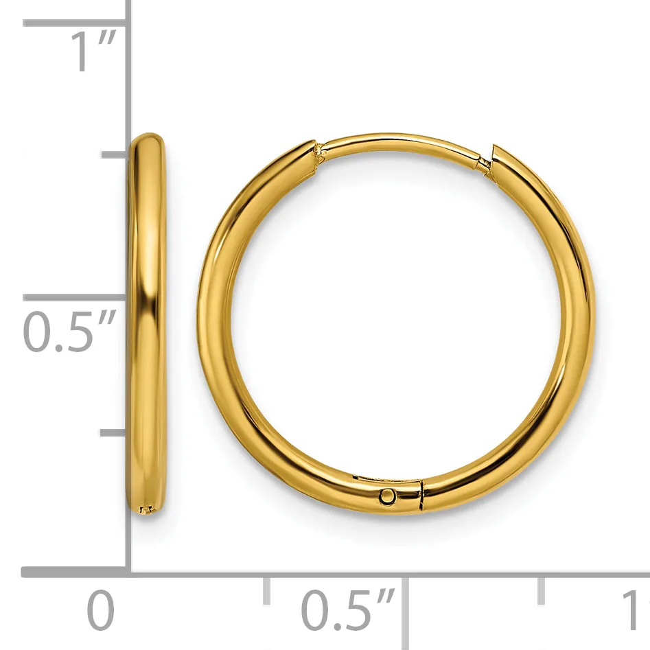 A pair of polished gold hoop earrings with a hinged clasp closure, shown from front and side views against a measurement scale indicating approximately one inch in height.