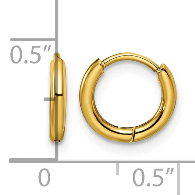 A pair of polished gold-toned hinged hoop earrings shown front and side view with measurement scale indicating 0.5 inch diameter.