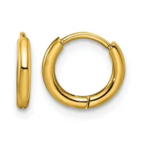 A pair of polished yellow gold chunky hoop earrings shown from the front and side, with a hinged clasp closure.
