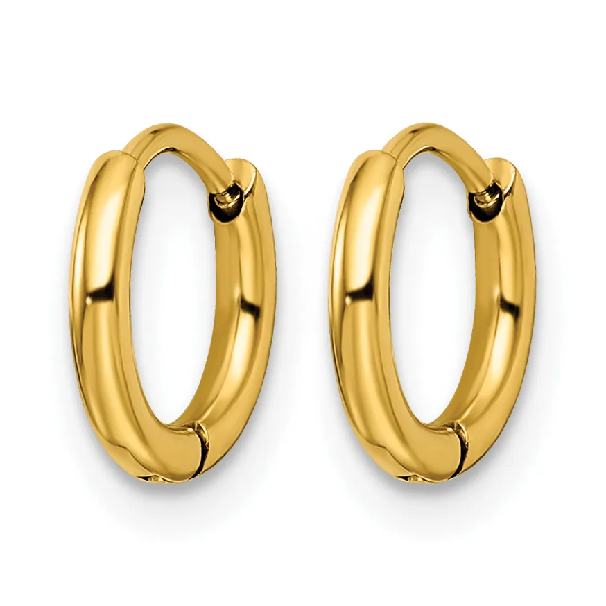 A pair of polished gold-toned chunky hoop earrings with a hinged clasp closure, displayed against a white background.