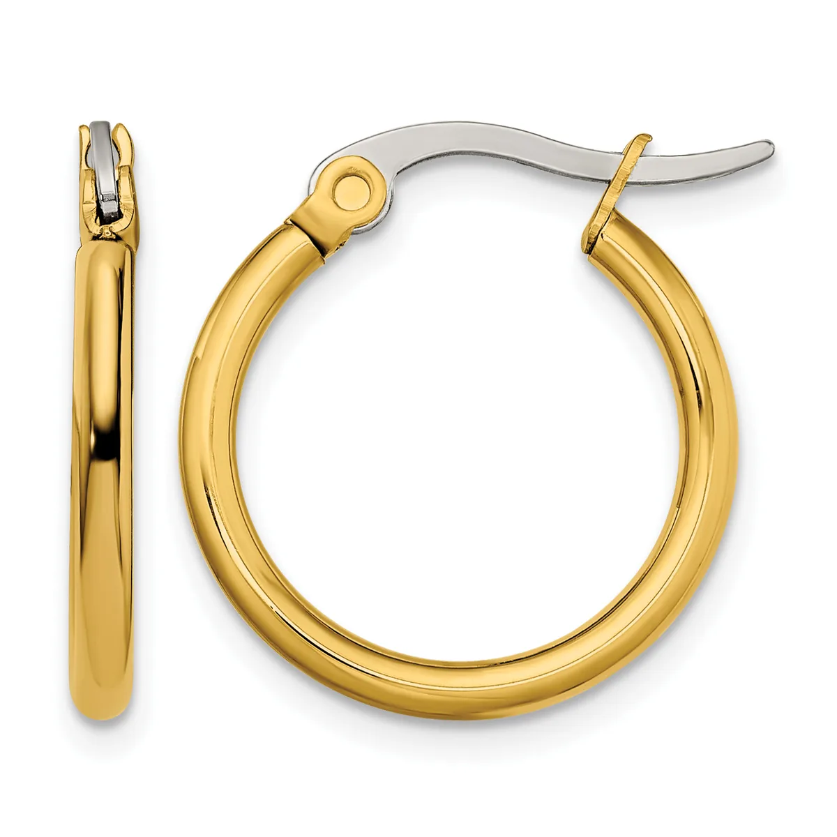 A pair of polished gold-toned hoop earrings with a curved tubular design, shown from front and side views with surgical steel ear wires.