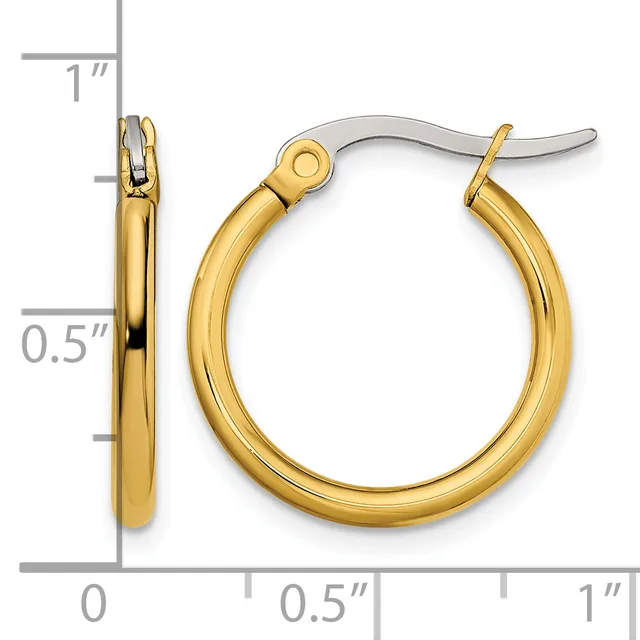 Pair of polished gold-toned hoop earrings with measurement scale showing approximately one inch in height and half inch in width.