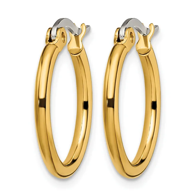 A pair of polished gold-toned hoop earrings with oval shapes and hinged closures, displayed against a white background.