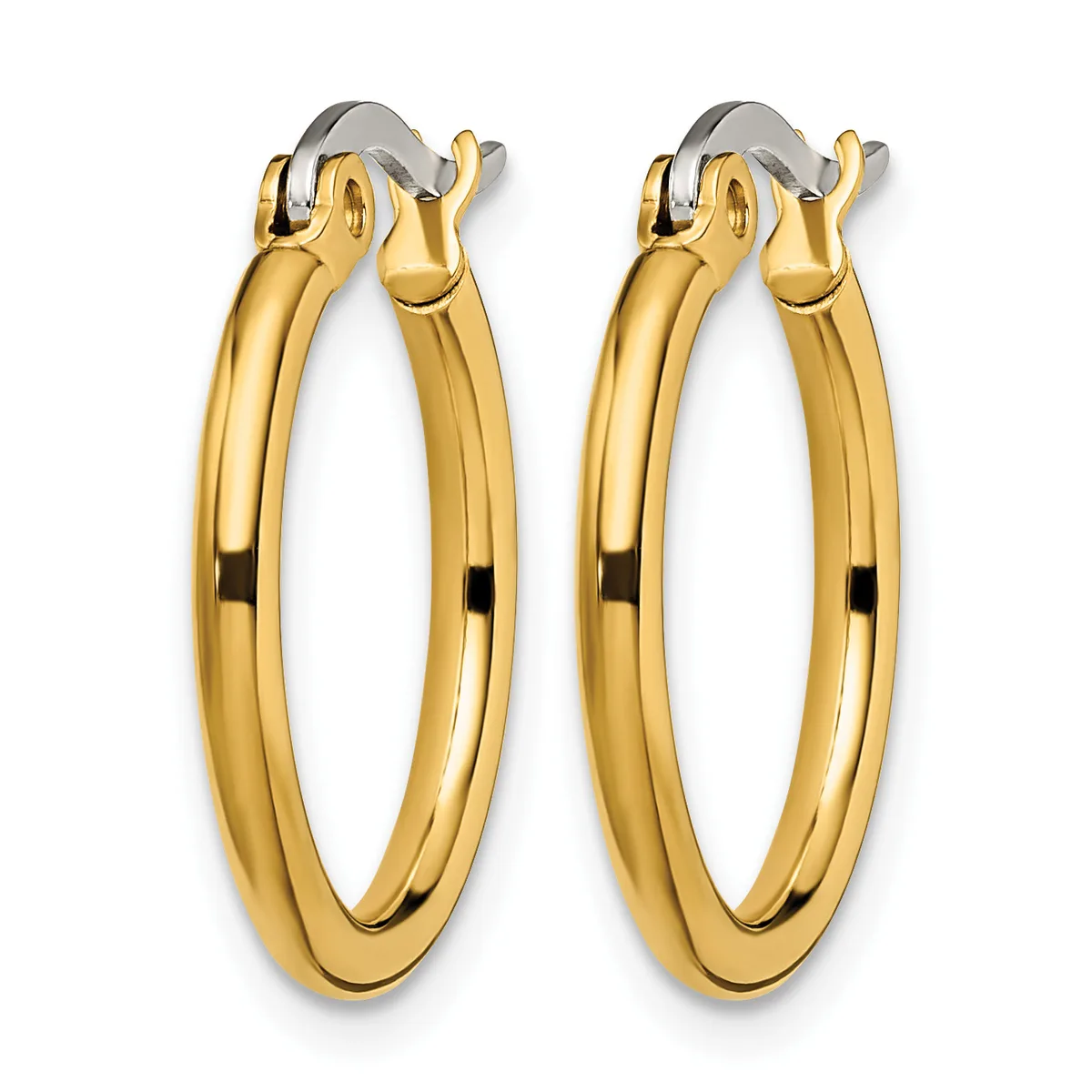 A pair of polished gold-toned hoop earrings with oval shapes and hinged closures, displayed against a white background.