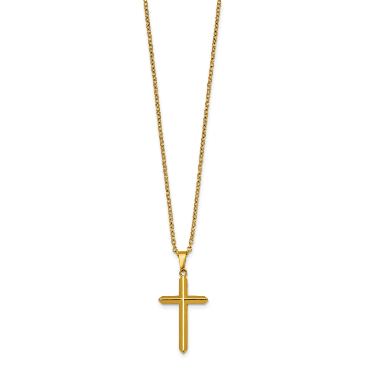 Gold-toned chain necklace with a polished cross pendant hanging from a bail.