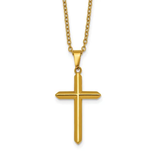 Gold-toned cross pendant hanging from a gold-toned chain necklace against a white background.