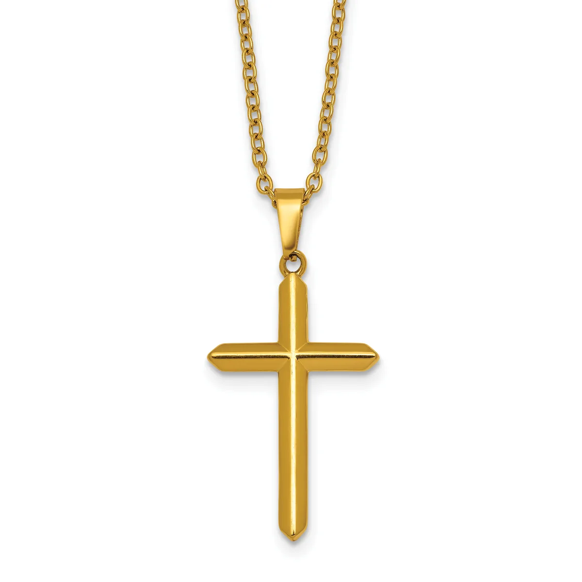 Gold-toned cross pendant hanging from a gold-toned chain necklace against a white background.