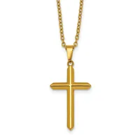 Gold-toned cross pendant hanging from a gold-toned chain necklace against a white background.