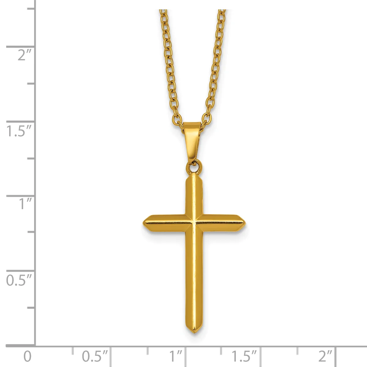 Gold-toned polished cross pendant on a chain necklace, displayed against a measurement scale showing the pendant is approximately one inch tall.
