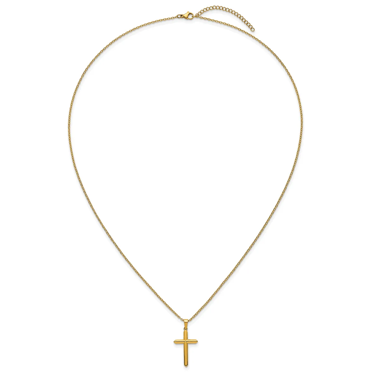 Gold-toned chain necklace with an adjustable length and a small cross pendant hanging at the center.