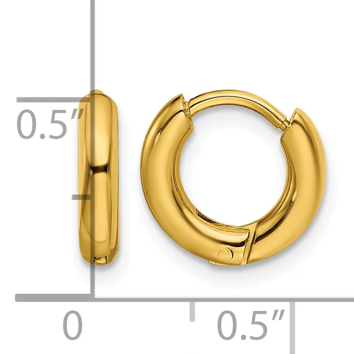 Pair of polished gold-tone chunky hoop earrings with hinged closures, shown front and side view with measurement scale indicating 0.5 inch width.