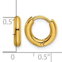 Pair of polished gold-tone chunky hoop earrings with hinged closures, shown front and side view with measurement scale indicating 0.5 inch width.