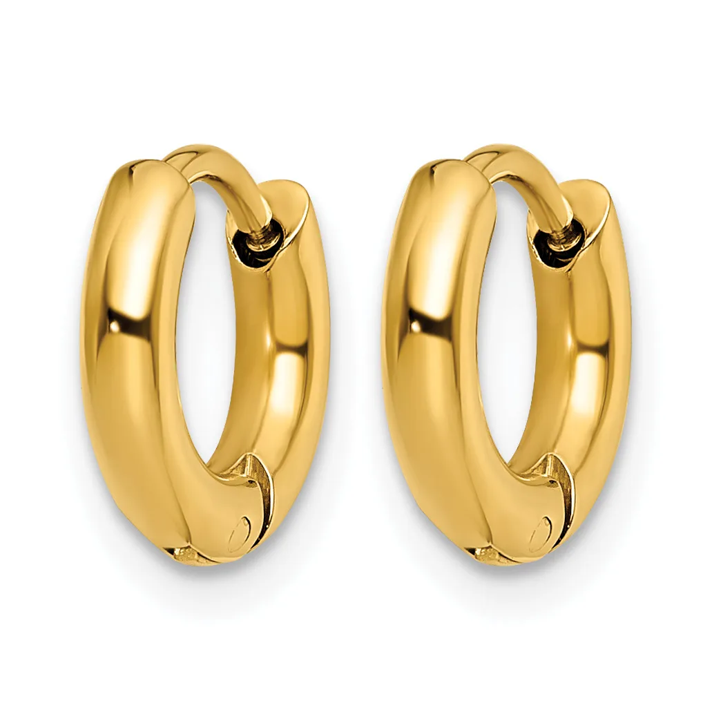 A pair of polished gold hoop earrings with a chunky rounded profile and hinged closure, shown against a white background.