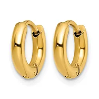 A pair of polished gold hoop earrings with a chunky rounded profile and hinged closure, shown against a white background.