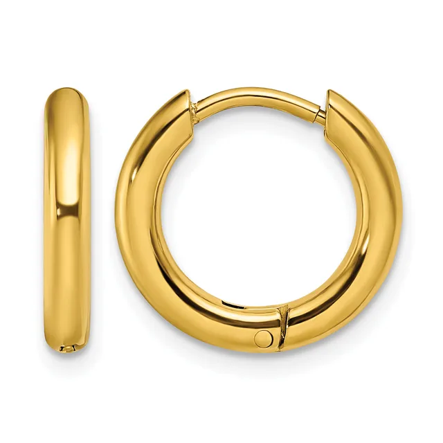 A pair of polished gold-colored chunky hoop earrings shown from the front and side view, displaying their rounded tubular shape and hinged closure.