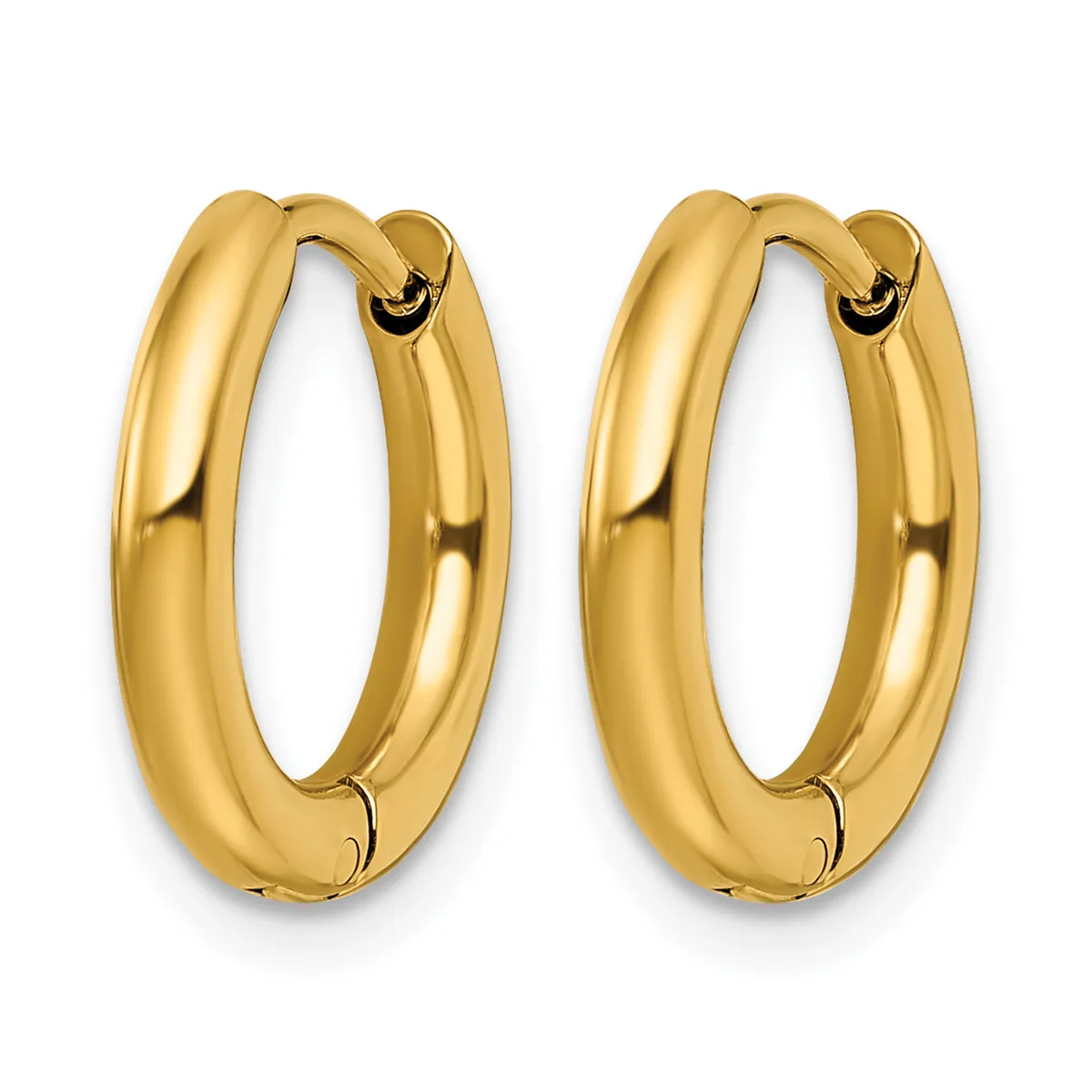 A pair of polished yellow gold chunky hoop earrings with hinged closures, displayed against a white background.