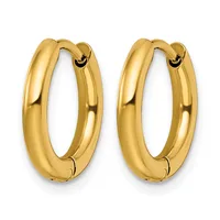 A pair of polished yellow gold chunky hoop earrings with hinged closures, displayed against a white background.