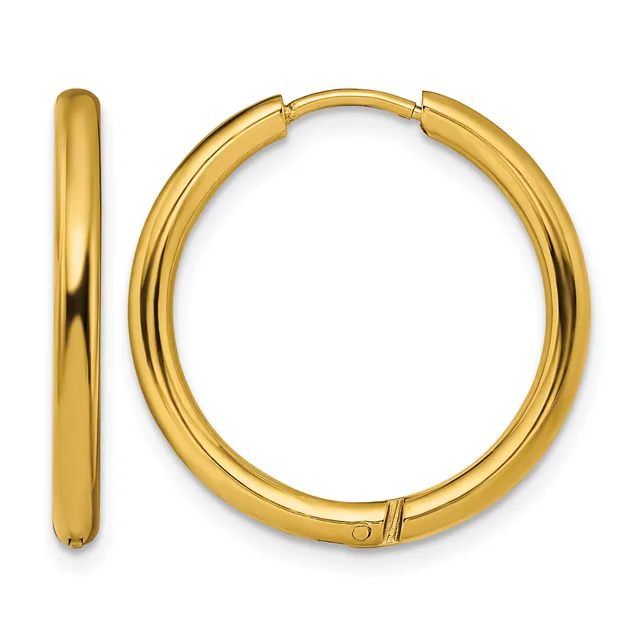 A pair of polished gold-colored hoop earrings with a chunky, rounded profile, shown from the front and side view.