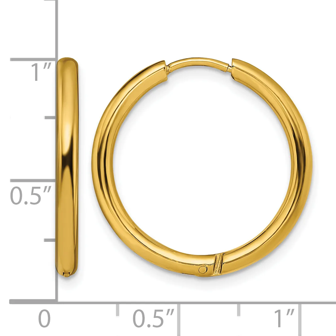 A pair of polished gold-colored hoop earrings with a hinged closure, shown front and side view against a measurement scale indicating approximately one inch in diameter.