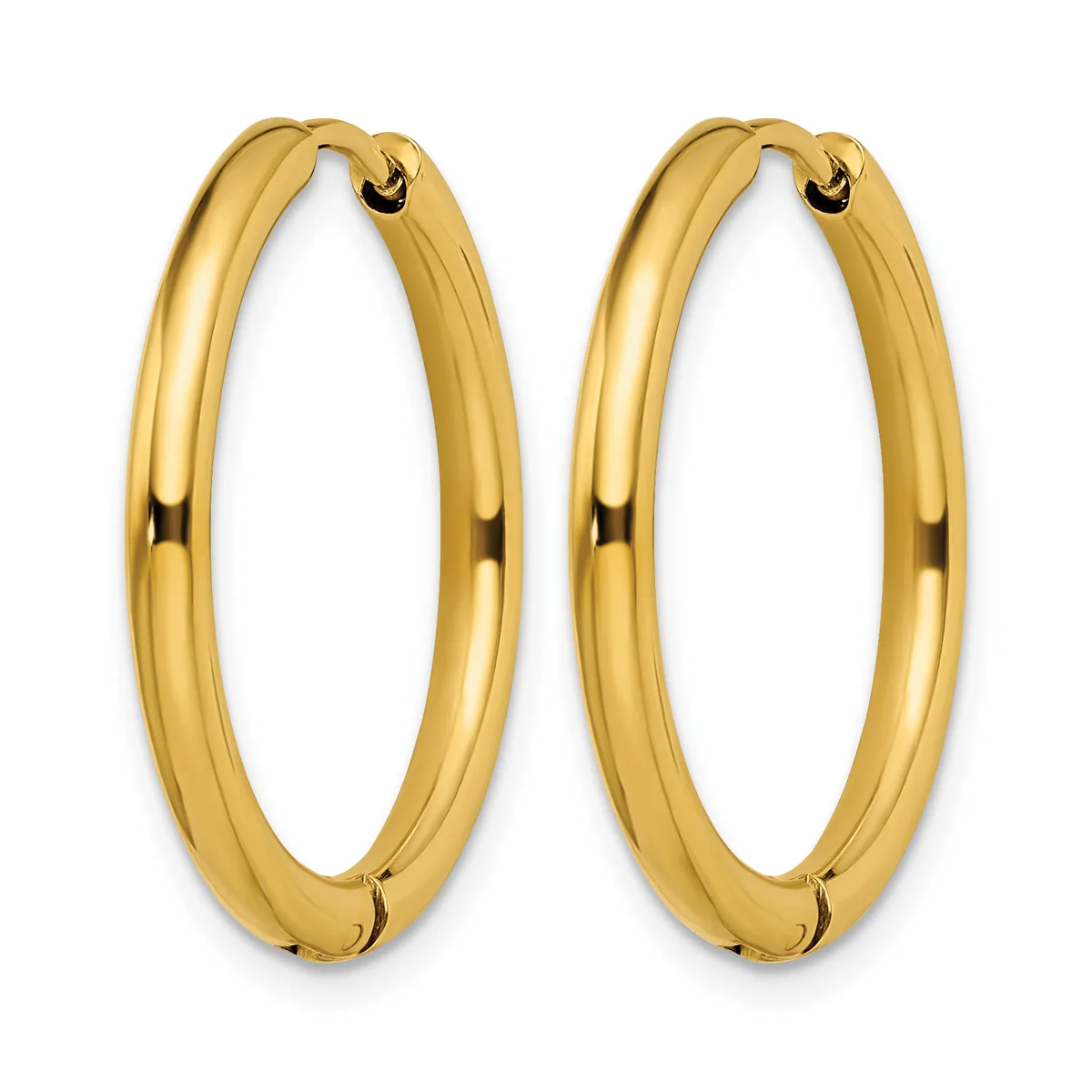 A pair of polished gold-toned chunky oval hoop earrings with a hollow tube design and small posts with backs.
