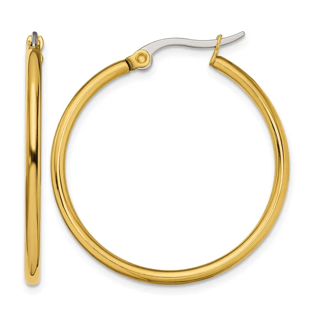 Pair of gold-toned hoop earrings with a polished finish and metal post closures, shown from front and side views.