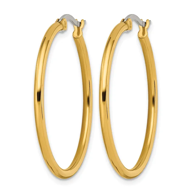 A pair of polished gold-toned hoop earrings with oval shapes and hinged closures, displayed against a white background.