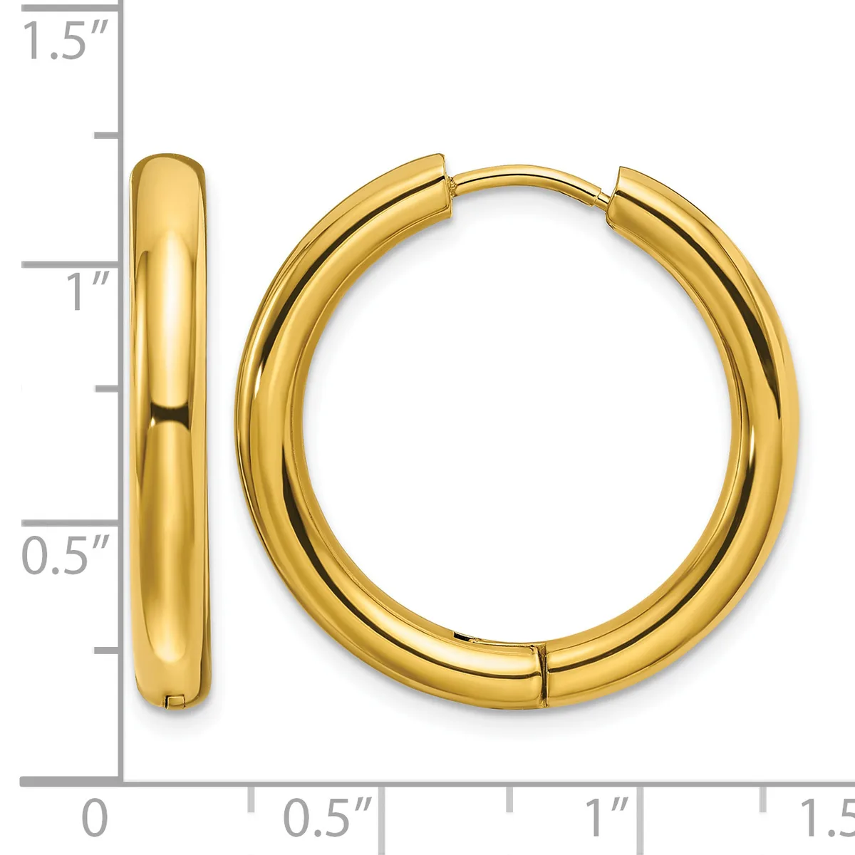 A pair of polished gold-colored hoop earrings with a hinged closure, displayed next to a ruler showing they measure approximately 1 inch in diameter.