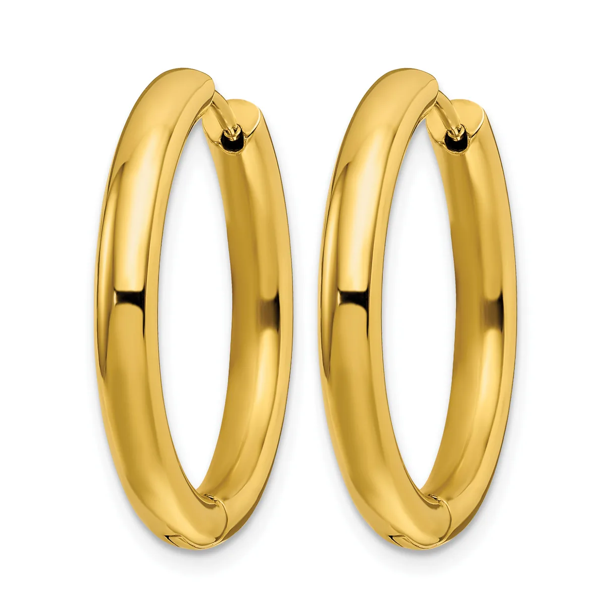 A pair of polished gold hoop earrings with a chunky, rounded profile and small post closures.