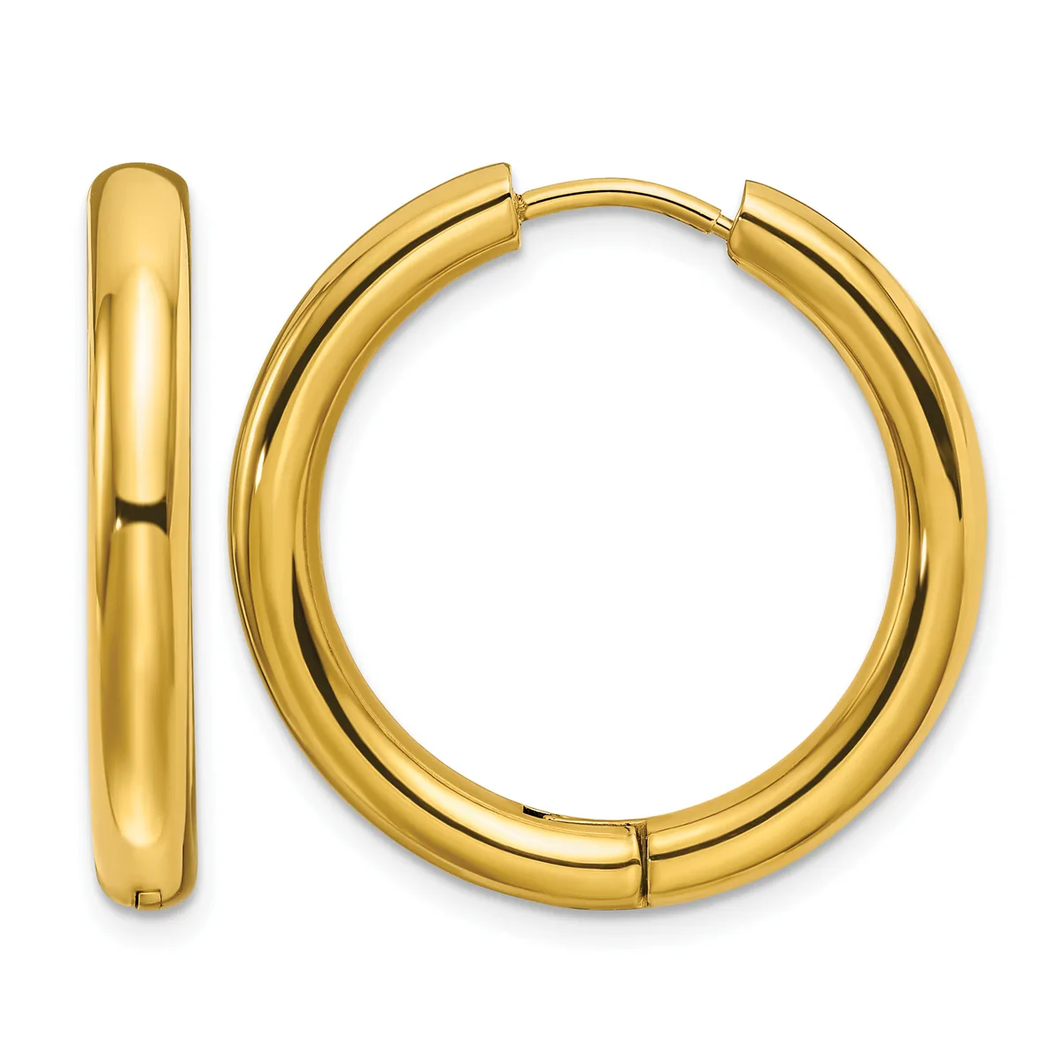 A pair of polished gold-colored chunky hoop earrings displayed against a white background, shown from the front and side views.