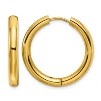 A pair of polished gold-colored chunky hoop earrings displayed against a white background, shown from the front and side views.