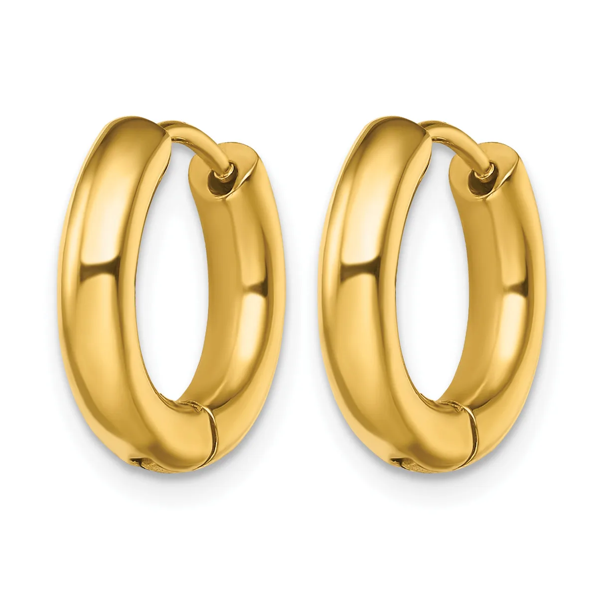 A pair of polished gold-colored chunky hoop earrings with a smooth, rounded surface and hinged closure posts.