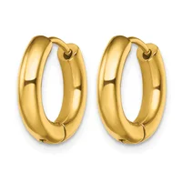 A pair of polished gold-colored chunky hoop earrings with a smooth, rounded surface and hinged closure posts.
