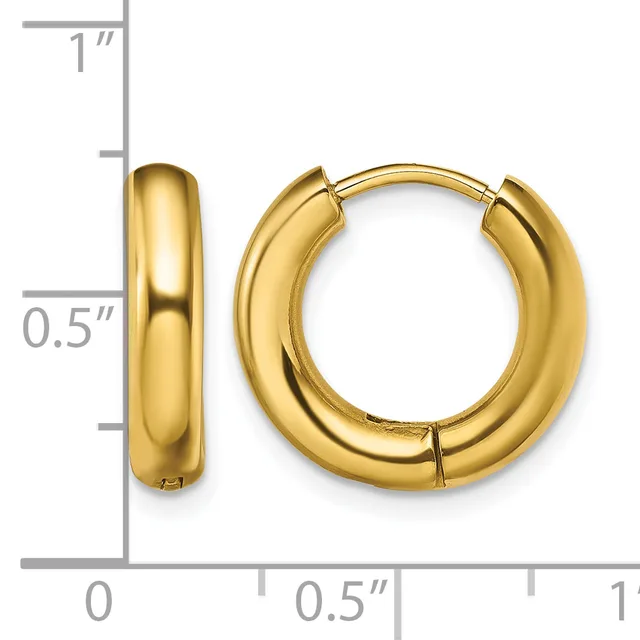 A pair of polished gold-colored chunky hoop earrings with hinged closures, displayed next to a ruler showing approximately one inch in height and half inch in width.