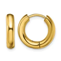 A pair of polished gold-toned chunky hoop earrings with a hinged closure, displayed against a white background.